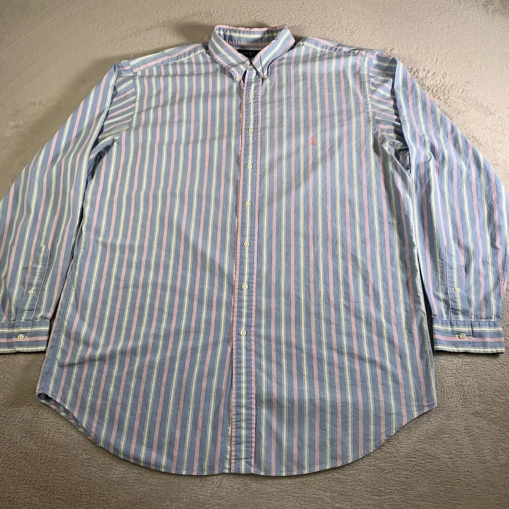 Ralph Lauren Shirt Mens XLT Tall Blue Pink Striped Long Sleeve Easter Pastel‎